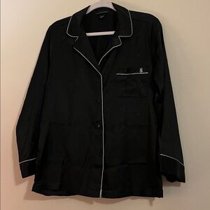 Black Button-Up Pajama Set with White Trim